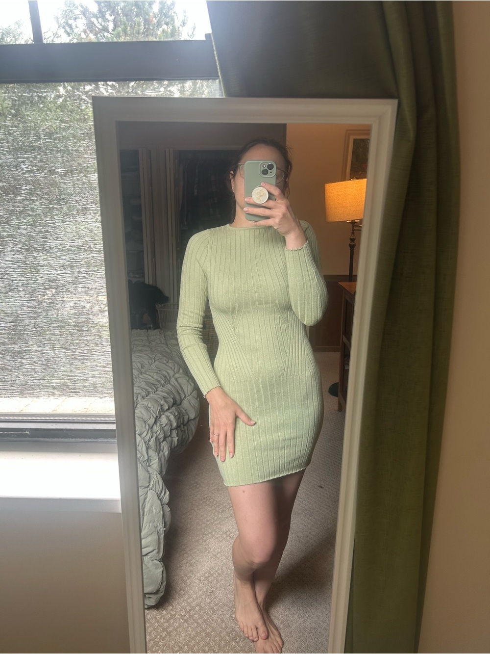 Slim Ribbed Long-Sleeve Mini Dress in Sage Green